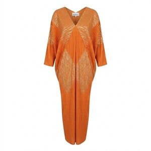 Kate Hewko Orange Gold Metallic Pleated Maxi Dress Kaftan Oversized Avant OS
